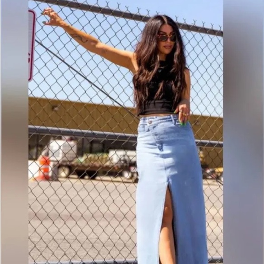 Dressed in LALA Don’t Kill My Vibe Criss Cross Denim Maxi Skirt SIZE Small - Picture 2 of 3